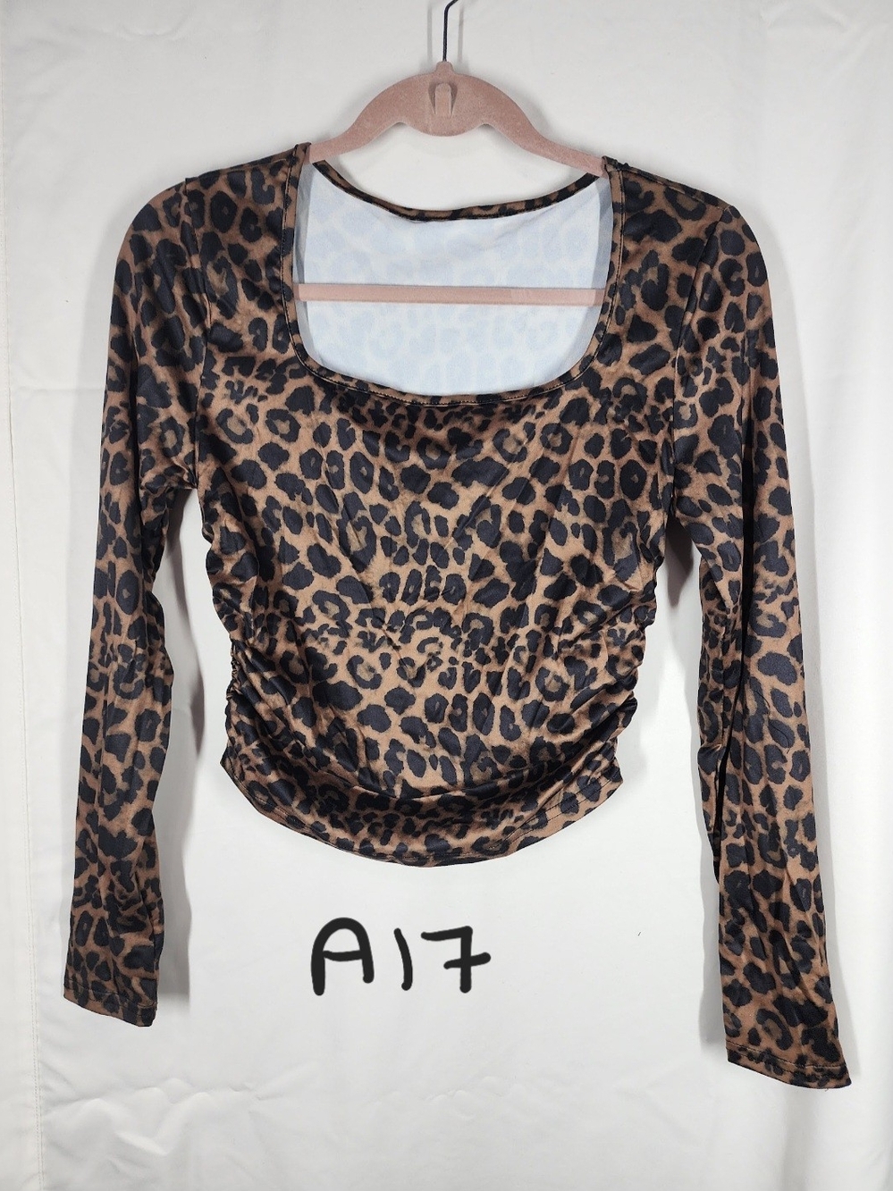 Leopard Print Long-Sleeve Scoop Neck Top - Brown